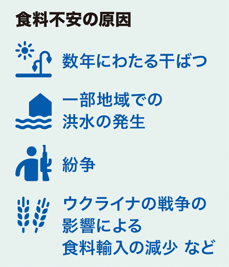 食料不安の原因 数年にわたる干ばつ 一部地域での洪水の発生 紛争 ウクライナの戦争の影響による食料輸入の減少 など