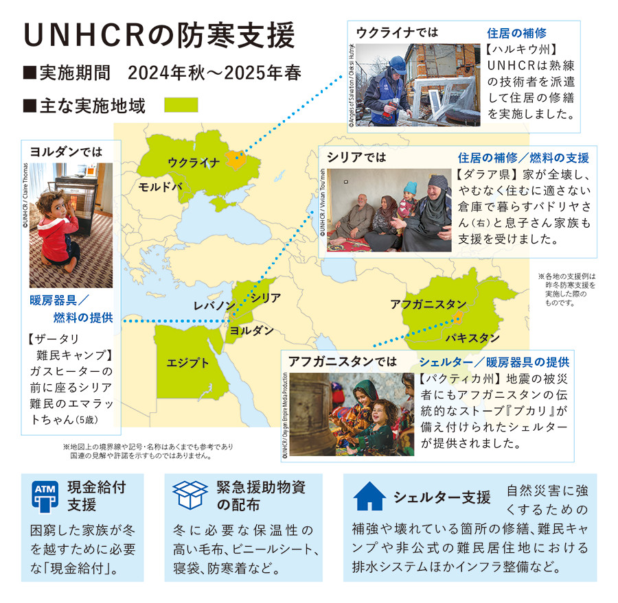 UNHCRの防寒支援 実施期間2024年秋~2025年春 主な実施地域 ウクライナ シリア レバノン ヨルダン 現金給付支援 緊急援助物資の配布 シェルター支援
