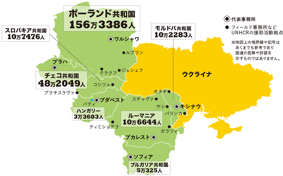 ウクライナ周辺国のUNHCRの支援体制を示した地図