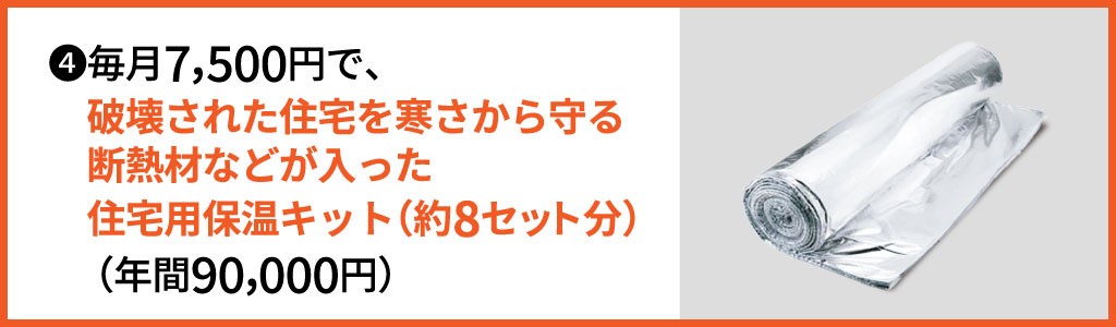 ?毎月7,500円で、破壊された住宅を寒さから守る断熱材などが入った住宅用保温キット（約8セット分）（年間90,000円）